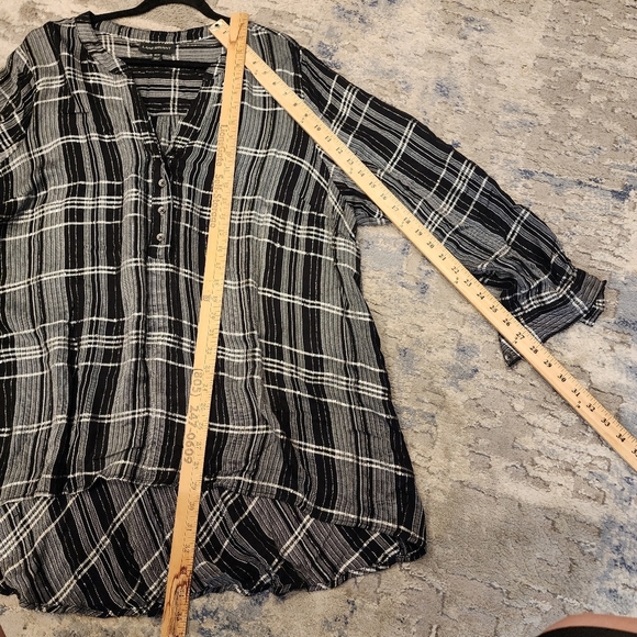 Lane Bryant Gold Metallic Black Grey Plaid Popover Button Shirt Peplum Back 3X - Picture 14 of 16